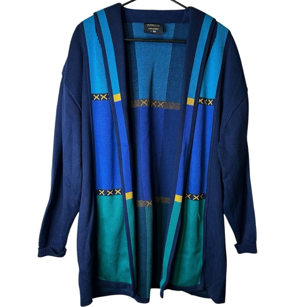 Kriss Sweden Blue Colorblock Cardigan L Nordic Coastal Retro Artsy Statement